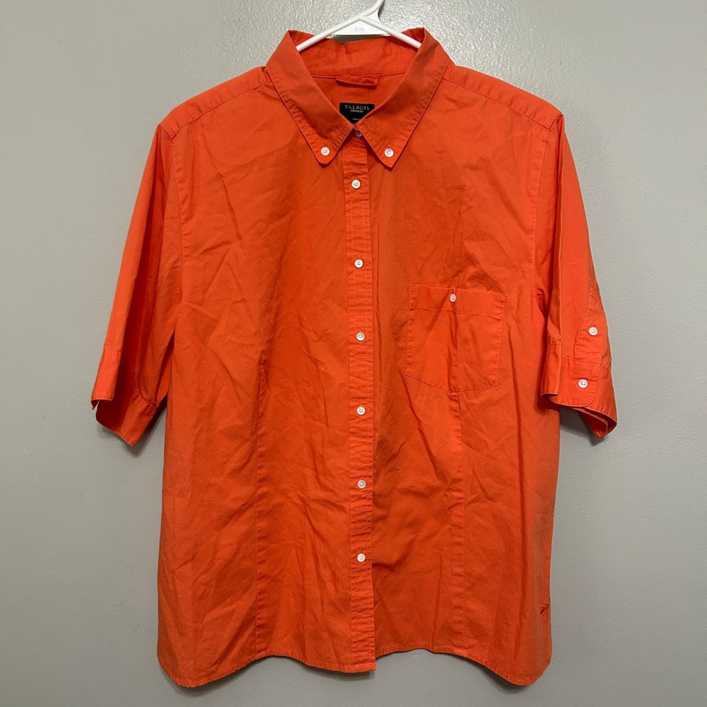 Talbots Button Down Shirt Men XL Orange Short Sleeve Cotton Stretch Preppy Style